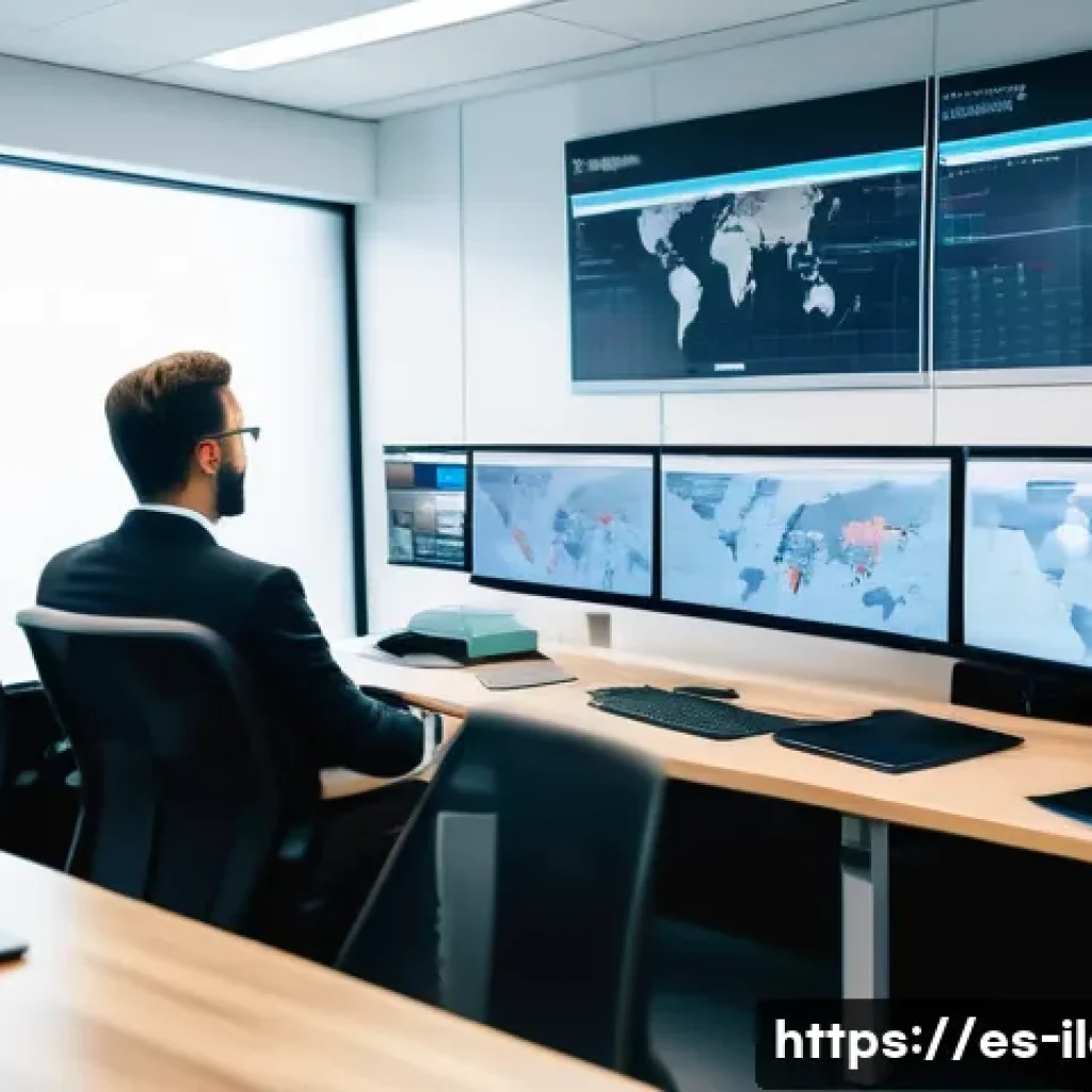 국제물류사에게 필요한 IT 기술 - A modern international logistics control room featuring a diverse team of professionals monitoring i...