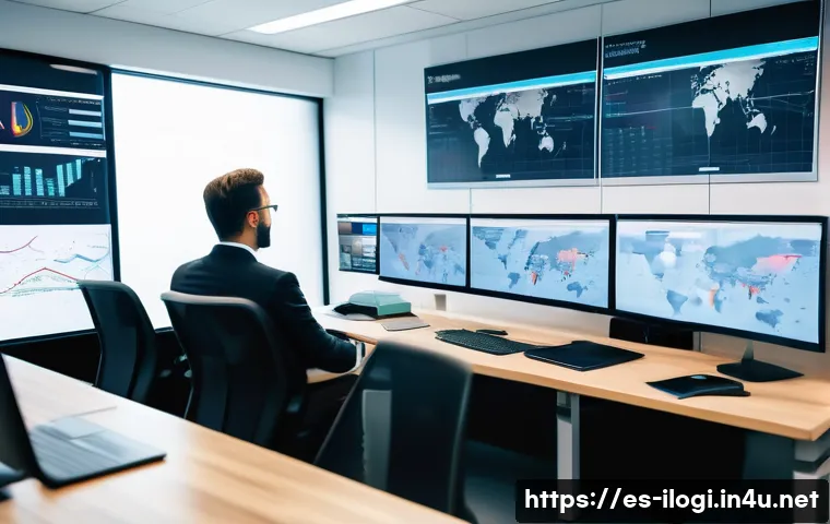국제물류사에게 필요한 IT 기술 - A modern international logistics control room featuring a diverse team of professionals monitoring i...