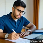 Home 21 국제물류사 시험에서 효율적인 시간 배분법 - A focused young adult Hispanic man sitting at a desk in a quiet room, surrounded by international lo...