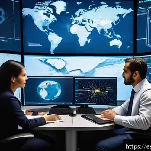 Home 17 국제물류사 자격증 취득 필수 과목 분석 - A modern international logistics hub scene showing a diverse team of professionals collaborating aro...